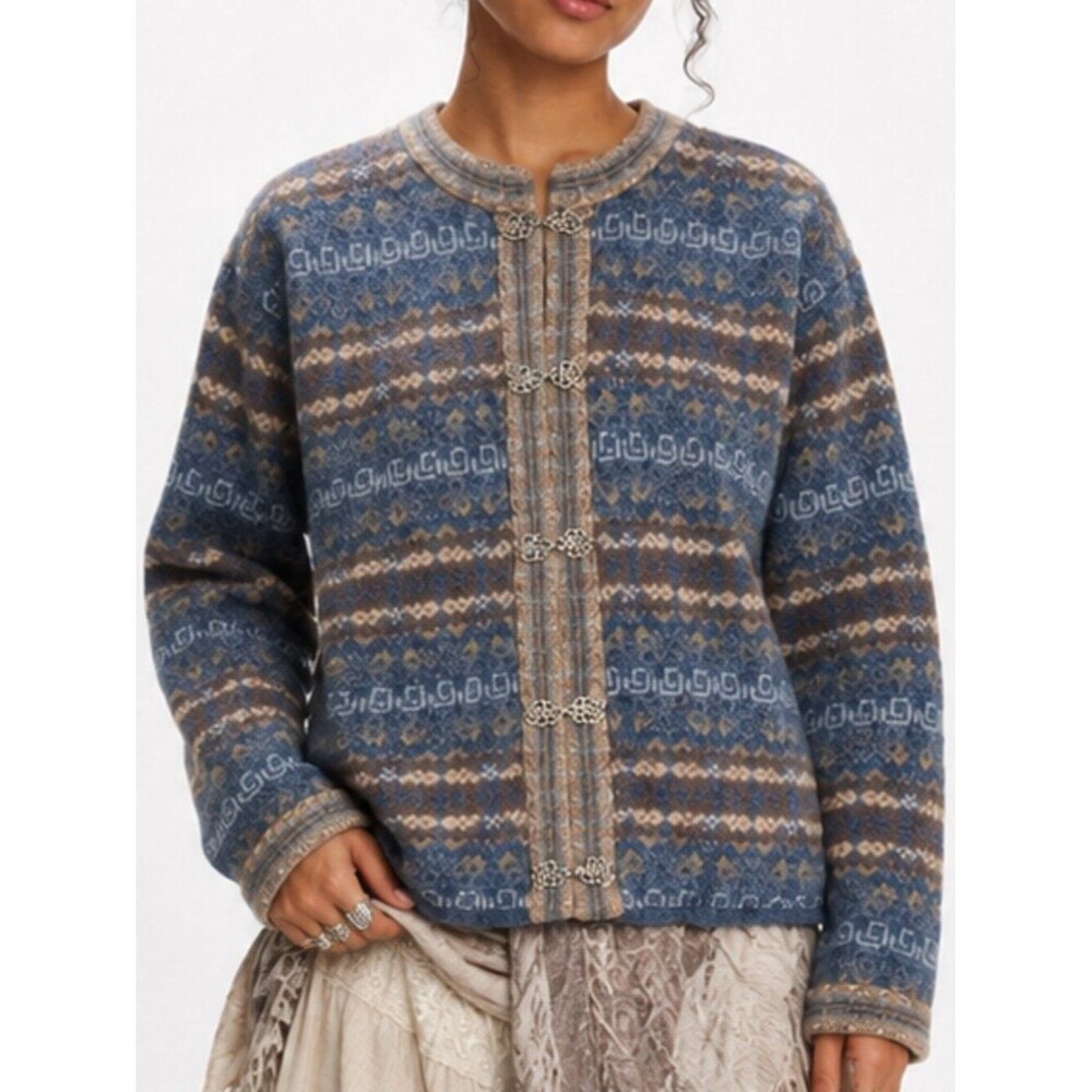 Nordic Design Wool Blend Fair Isle Nordic Toggle Cardigan Sweater Size Large